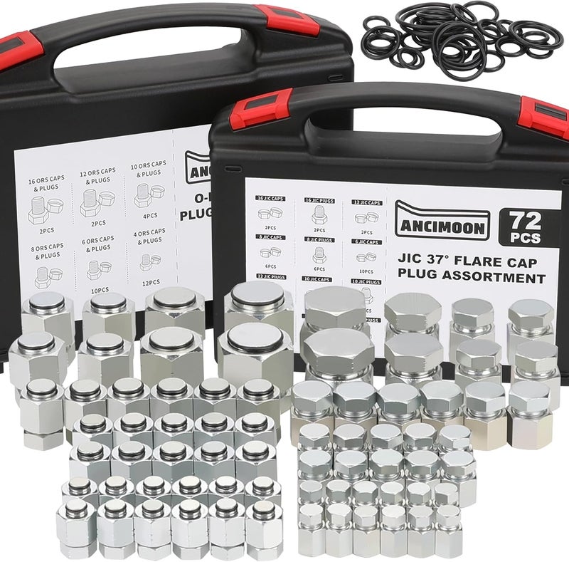 ANCIMOON 144PCS Hydraulic JIC 37 Degree and ORFS Flat Face Cap and Plug Assortment Kit, Size 4 6 8 10 12 16 for Hose Pipe Tubing, 36PCS Replacement O-Ring Seal Included - Image 1